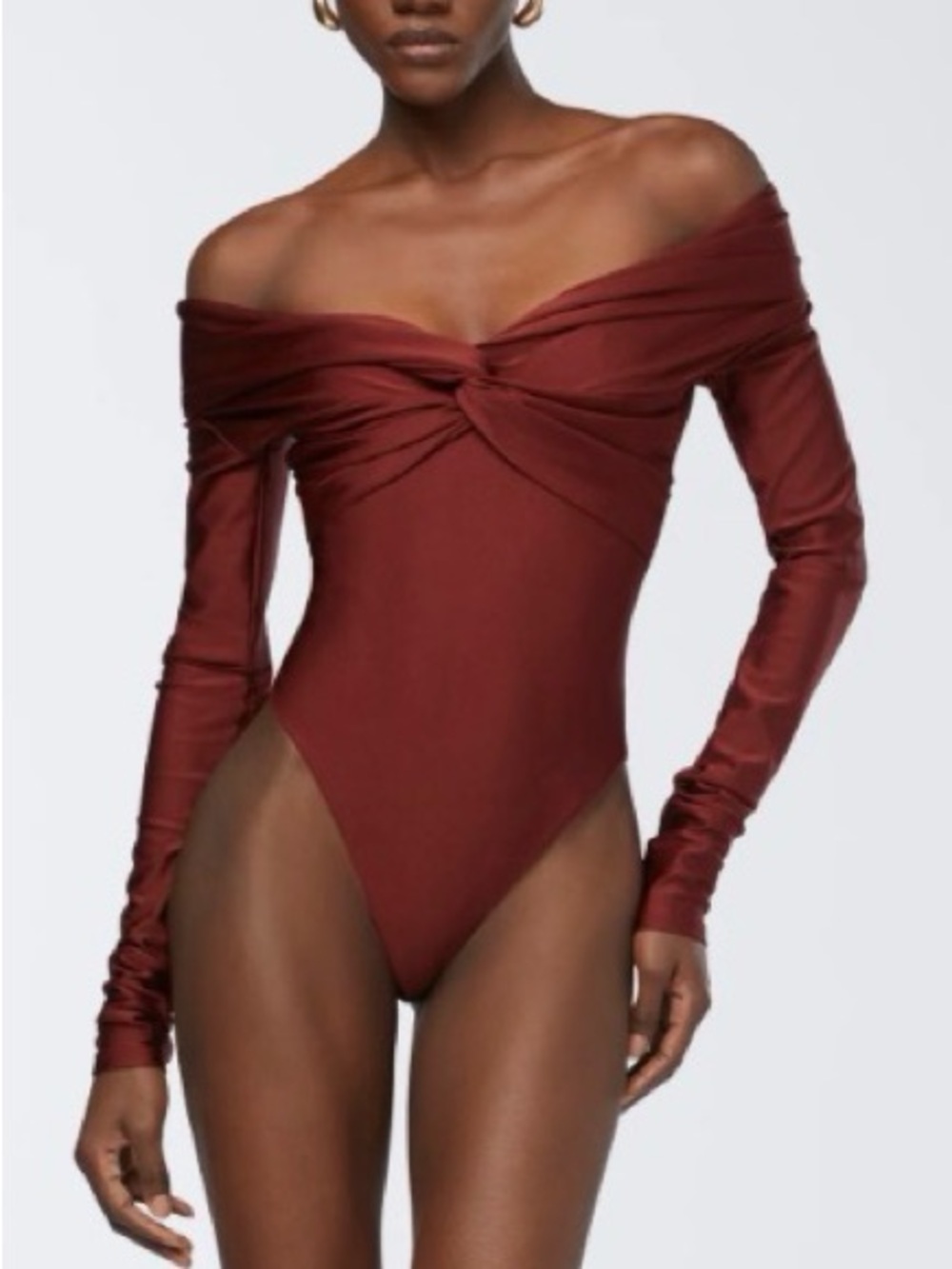 NWT The Andame Kendall Bordeaux Off Shoulder Twist Long Sleeve Bodysuit S [TE]